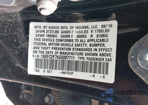 2016 Honda Civic Ex from USA, damaged, VIN 19XFC2F76GE097711